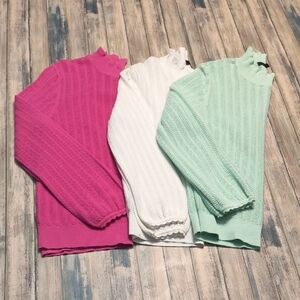 J.Crew Pointelle Ruffle Mockneck Sweater Pullover L Lot Of 3